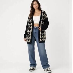 Vintage 90s Gap Wool Cardigan Sweater Womens Small Black White Geometric Knit S